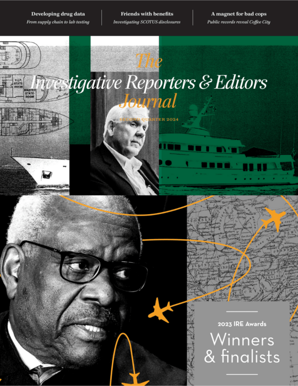 The cover of the Q2 2024 edition of The IRE Journal features two collages from ProPublica's series, "Friends of the Court."