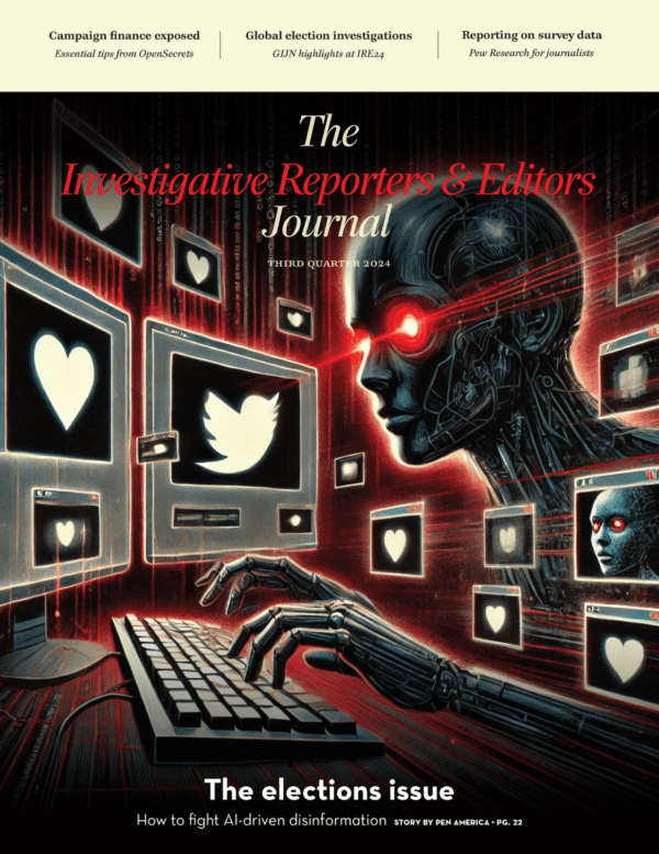 The cover of the Q3 2024 edition of The IRE Journal on elections features an AI-generated image of a robot with glowing red eyes typing at a keyboard and surrounded by screens.