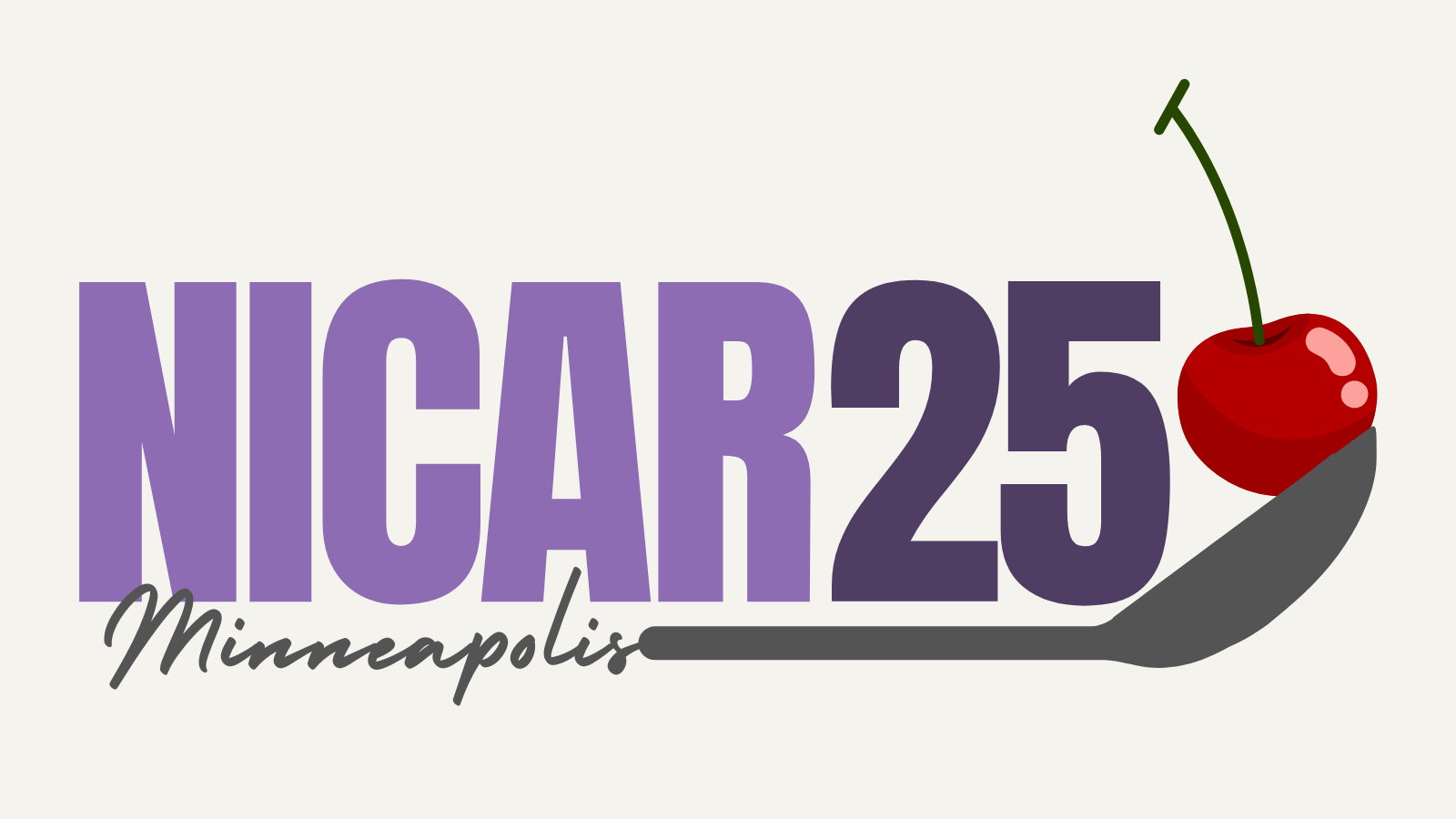 NICAR25 text in purple colors, with spoon and cherry. The conference will take place in Minneapolis.