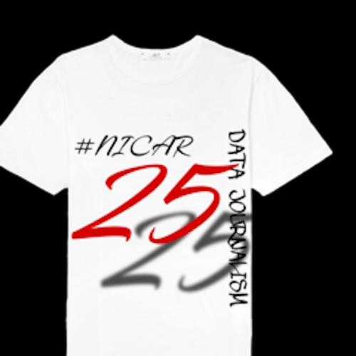 A t-shirt design featuring the text "#NICAR 25," with a drop shadow behind the "25." Along the side is the text "DATA JOURNALISM."