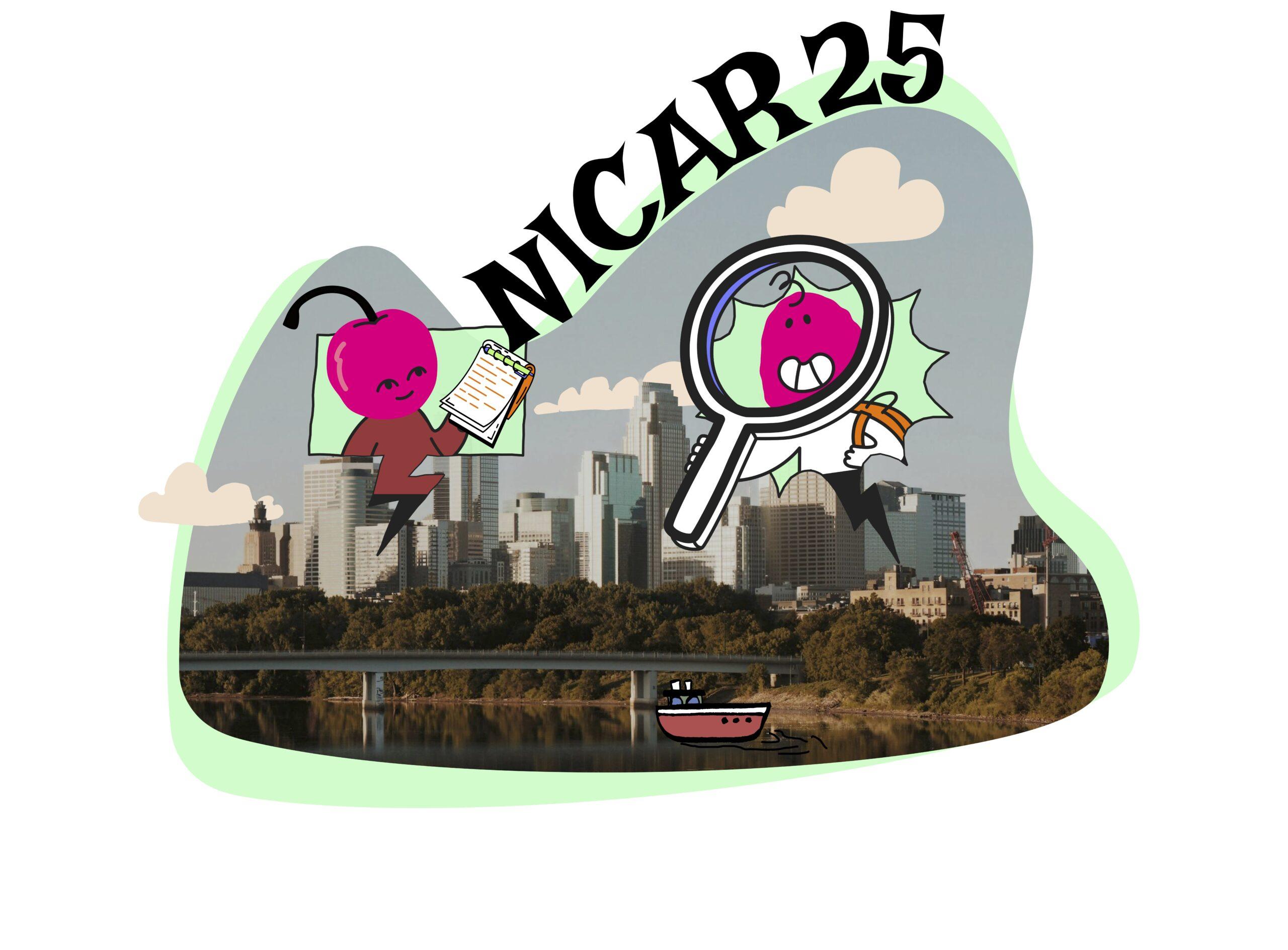 A t-shirt design with the title "NICAR25" surrounding a photograph of the Minneapolis downtown skyline. Floating in front of this photograph are two cartoon characters: A person with a cherry for a head carrying a notebook, whose outline tapers into a lightning bolt, and a person with a pink head smiling through an oversized magnifying glass and carrying an orange backpack.