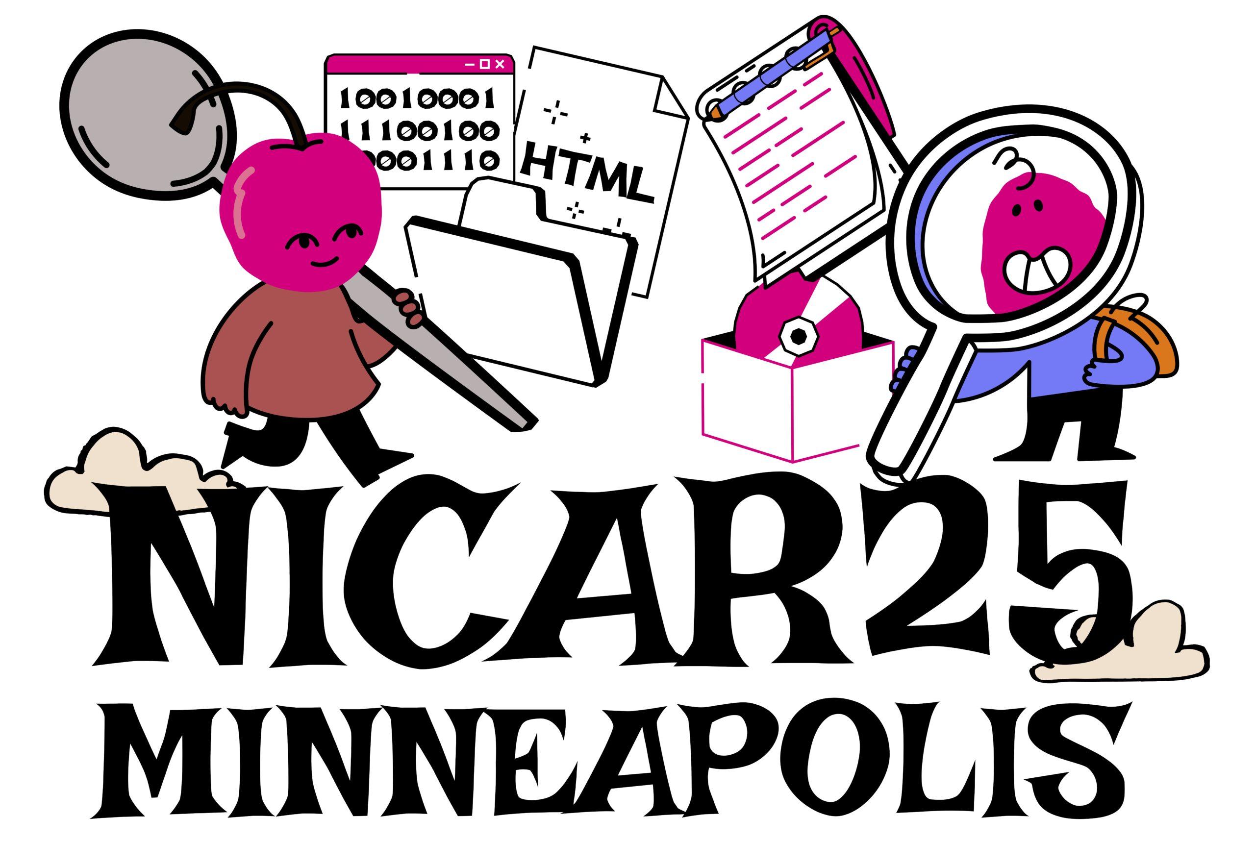 A cartoon-like t-shirt design with the title "NICAR25 MINNEAPOLIS" floating in the clouds. Above the title are two characters: A person with a cherry for a head carrying a spoon, a homage to some local public art in Minneapolis, and a person with a pink head smiling through an oversized magnifying glass and carrying a blue backpack. In the background are floating computer icons depicting a file folder, a document with the acronym HTML, a browser window displaying some binary code, a reporter's notebook and a DVD in a box.