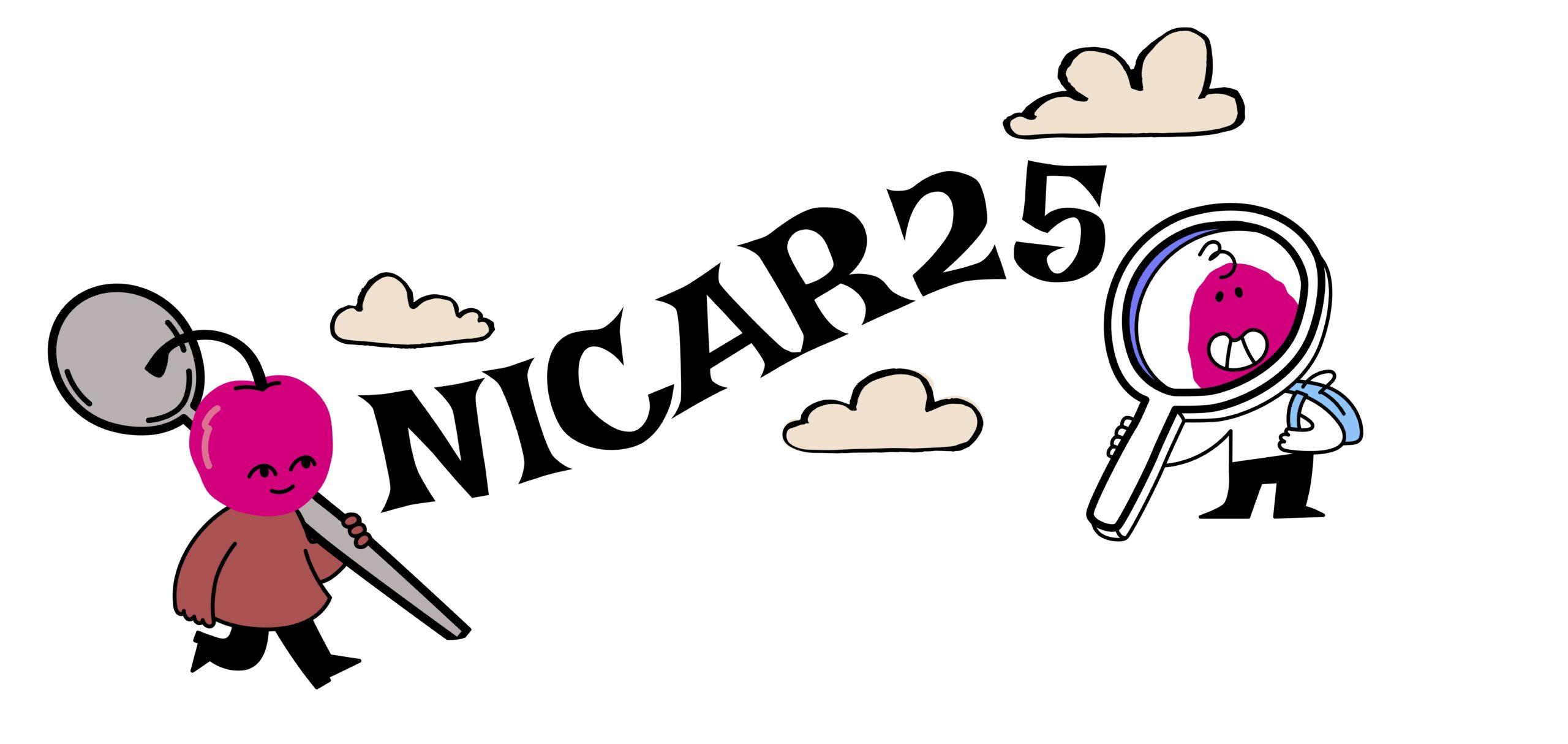 A cartoon-like t-shirt design with the title "NICAR25" floating in the clouds. There are two characters up in the clouds, as well: A person with a cherry for a head carrying a spoon, a homage to some local public art in Minneapolis, and a person with a pink head smiling through an oversize magnifying glass and carrying a blue backpack.