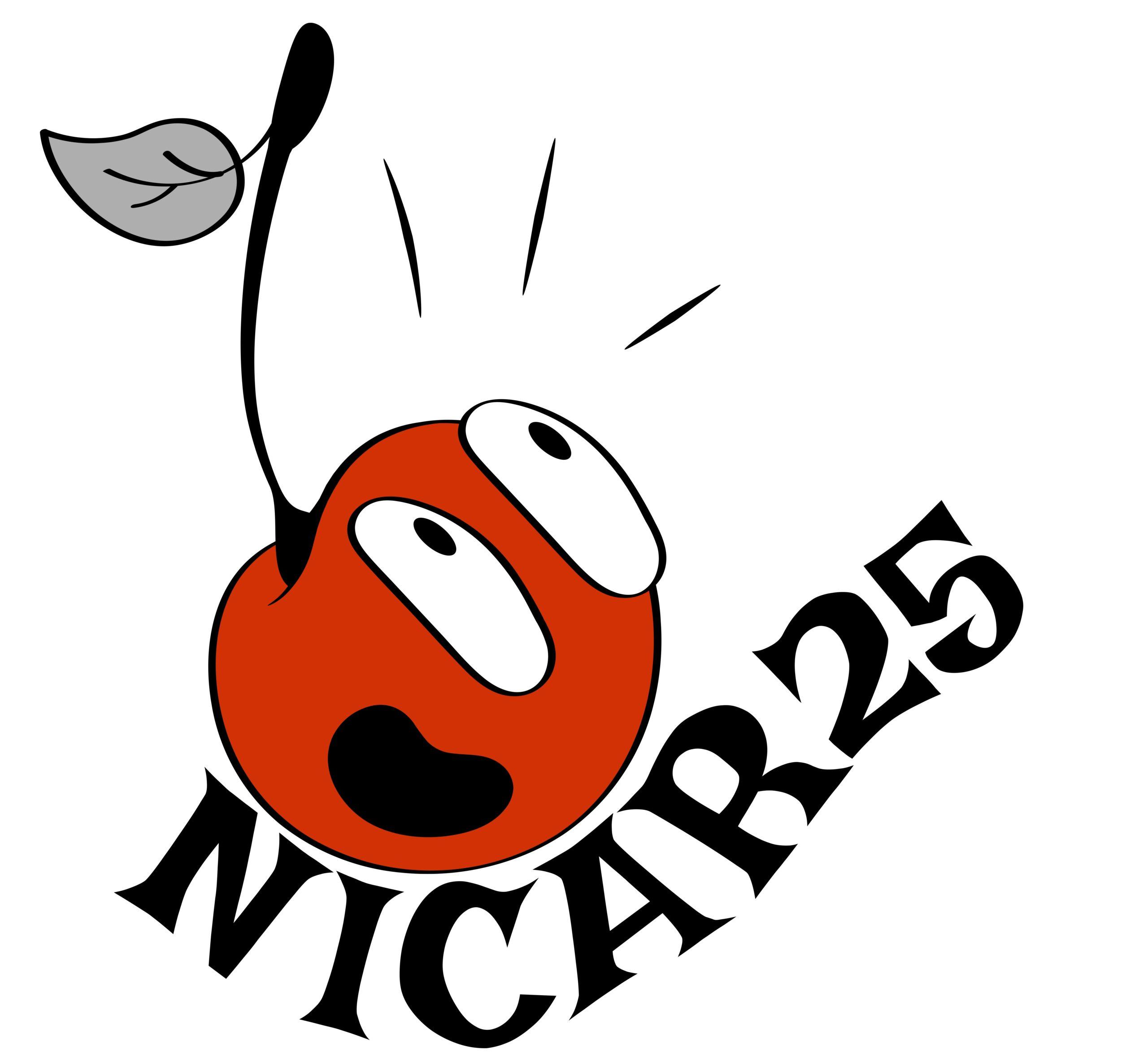 A T-shirt design featuring a red cartoon cherry looking alarmed over the title "NICAR25."